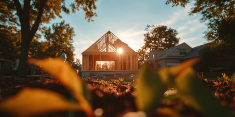 Poster - Sustainable Architectural Renewal Golden Hour Timber Frame Construction Showcasing Modern Eco-Conscious Design and Next-Gen Building Innovation for Resilient Living Spaces