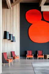 Poster - Minimalist Nordic Hospitality Design Avant-Garde Lobby with Bold Geometric Art, Scandinavian Wood Textures and Contemporary Ambient Lighting