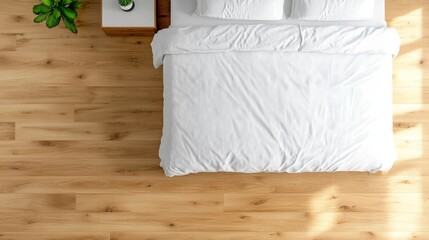 Fototapete - Top-down view showcases a serene minimalist bedroom featuring a natural wood bedframe, soft white linens, and a single potted plant on a nightstand