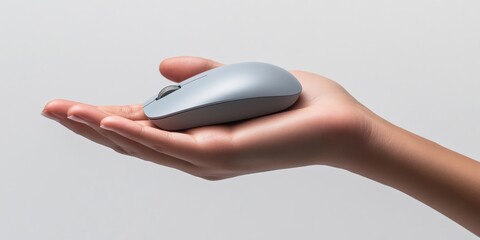 Poster - Minimalist WFH Tech Showcase Sleek Wireless Mouse in Ergonomic Palm Presentation - Digital Workspace Innovation for Millennial Professionals