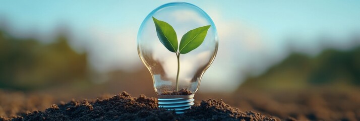 Poster - Eco-Innovative Green Technology Nurturing Sustainable Growth with Luminous Plant Embryo in Transparent Light Bulb - Circular Economy Visual Metaphor for Climate Solutions