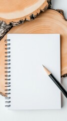 Aufkleber - Mindful Productivity Essentials Minimalist Spiral Notebook and Wooden Log Backdrop - Sustainable Workspace Design for Digital Entrepreneurs and Creative Professionals
