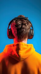 Aufkleber - Immersive Digital Performance Gen Z Gamer in Vibrant Orange Hoodie Showcasing High-Performance Audio Gear for Next-Gen Esports and Content Creation