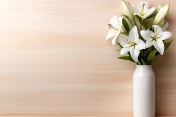 Poster - Bright white lilies bloom in a simple ceramic vase on a light wood table, showcasing a minimalist style with abundant clean space on the right side