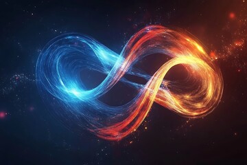 Poster - Abstract Infinity Symbol with Glowing Blue and Orange Energy Streams in Space