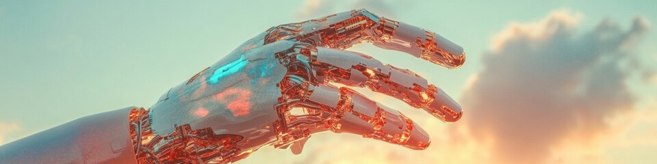 Poster - Futuristic Robotic Limb in Soft Pastel Sunset Next-Gen Biomechanical Prosthetics Reimagining Human-Machine Symbiosis and Technological Resilience