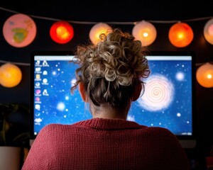 Poster - Cosmic Workspace Revolution Mindful Digital Nomad Creates Ethereal Home Office with Astro-Inspired Design and Warm Ambient Lighting for Holistic Productivity