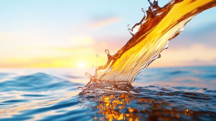 Aufkleber - Luminous Liquid Dynamics Golden Fluid Energy Splash Capturing Serene Ocean Sunset - Innovative Visual Science and Premium Hydration Branding Content