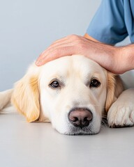 Aufkleber - Compassionate Veterinary Care Tender Moment of Empathy with Golden Retriever - Wellness-Focused Pet Health Technology and Emotional Support in Modern Clinical Settings