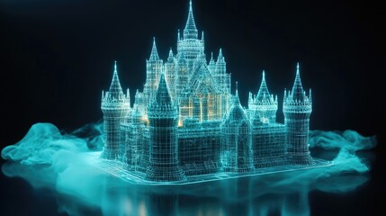 Glowing wireframe castle in a cyber world, representing futuristic data security and encryption.