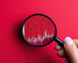 Fototapete - Cybersecurity Trend Analysis Minimalist Red Magnifying Glass Revealing Digital Network Complexity in AI-Driven Risk Intelligence Visualization