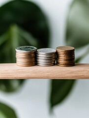 Poster - Minimalist Financial Balance Eco-Conscious Investment Strategy Visualized Through Sustainable Wood and Metallic Coin Stacks - Modern Wealth Optimization Concept