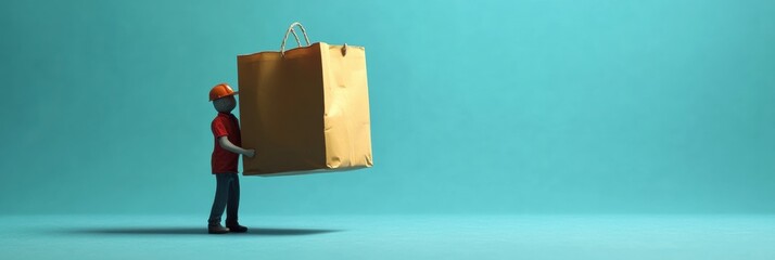 Leinwandbilder - Humorous tiny delivery worker carrying oversized grocery bag in fun and exaggerated proportions Generative AI