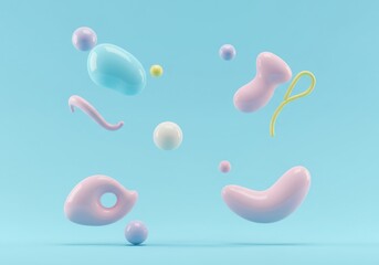 Wall Mural - floating pastel shapes on light blue background