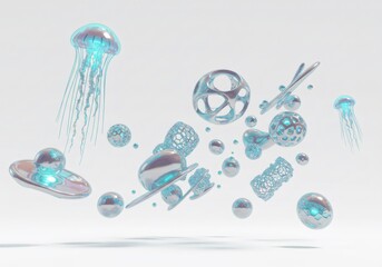 Wall Mural - holographic jellyfish and metallic spheres floating in white space