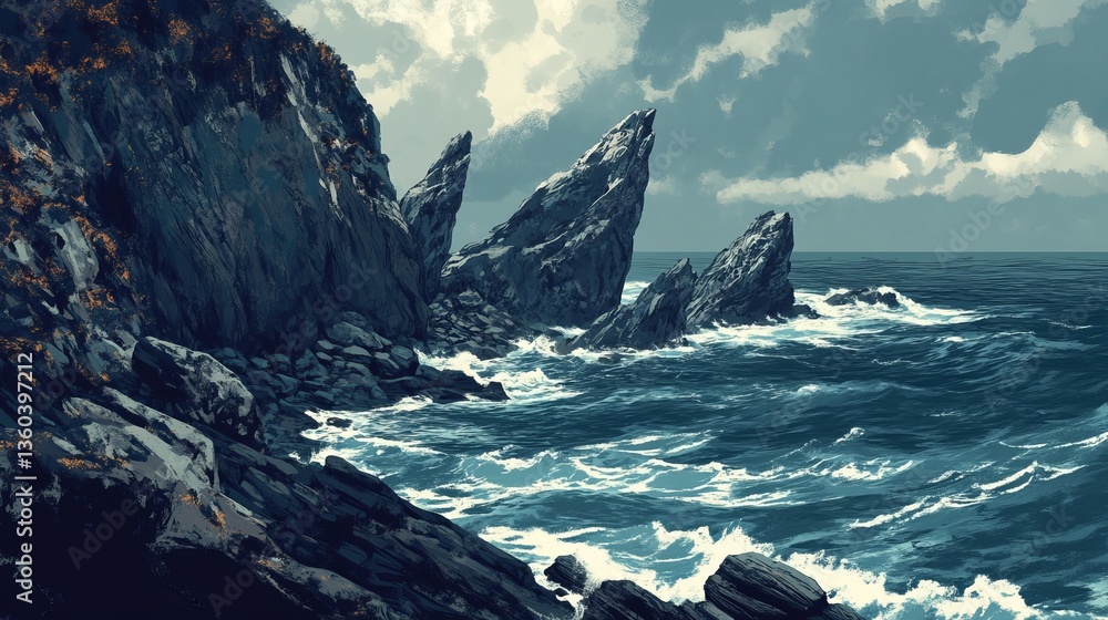 Create an image of a rocky coastline where the ocean crashes violently ...