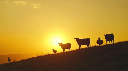 Aufkleber - Silhouettes of cows, sheep, and chickens on a hill at sunrise with soft golden light creating a peaceful rural atmosphere Generative AI
