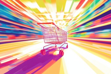 Poster - Grocery cart races through vibrant supermarket aisle in dynamic, colorful illustration showcasing high-energy shopping experience Generative AI