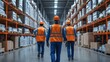 © SerPhoto - Warehouse workers in safety vests walking down an aisle with shelves filled with boxes and products during day shift