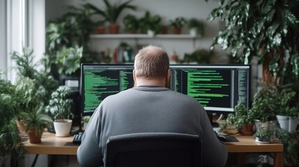 Focused programmer working at a home office with multiple monitors