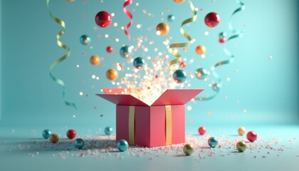 Colorful gift box exploding with festive decorations against blue background  