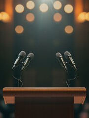 Poster - Political podium setup with multiple microphones creates powerful atmosphere in a professional setting Generative AI