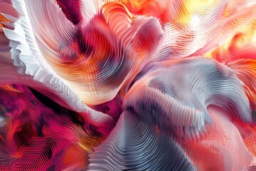 Poster - Abstract swirling digital art of vibrant red orange and white layered textures