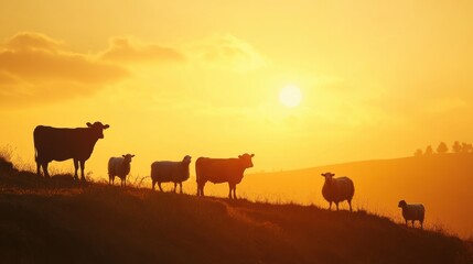 Aufkleber - Cows, sheep, and chickens silhouetted on a hill during golden sunrise in a serene rural landscape Generative AI