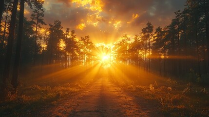 Wall Mural - a dirt road in the middle of a forest at sunset