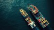 © 娜 赵 - Aerial view of two cargo ships loaded with colorful containers sailing on a deep blue sea, high - contrast, vibrant colors, realistic photography