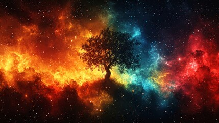 Wall Mural - a lone tree in the middle of a colorful nebula