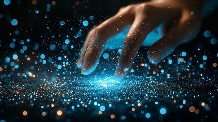 Wall Mural - a person's hand reaching for a glowing blue light