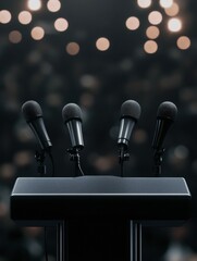 Poster - Political podium set for a significant address in a powerful and modern setting during a highly anticipated event with an engaged audience Generative AI