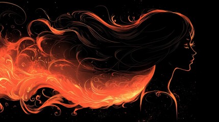 Wall Mural - a woman with long hair in flames on a black background
