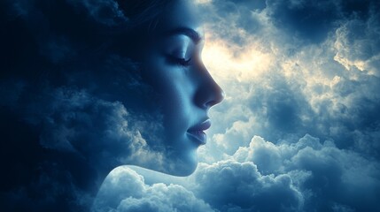 Wall Mural - a woman's face in the clouds with her eyes closed