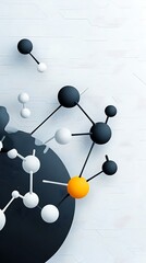 Fototapete - Abstract 3D Molecular Structure with Black White and Orange Spheres Connected by Thin Lines on a Light Gray Background