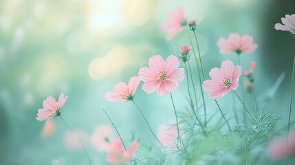 Several pink cosmos flowers with a blurred background and soft lighting, natural and beautiful, macro style