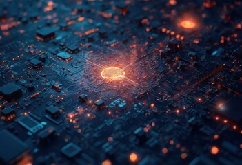 Poster - Glowing Circuit Board with Glowing Microchips