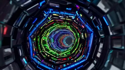 Vibrant neon vortex swirling through futuristic digital tunnel, generating mesmerizing luminescent pattern with dynamic geometric progression