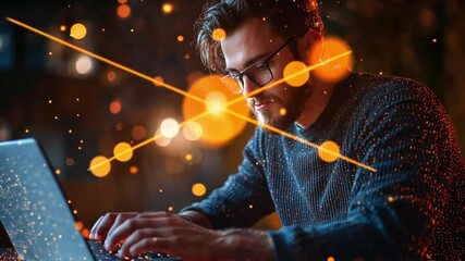 Night Work: Focused Programmer Coding on Laptop with Digital Overlay