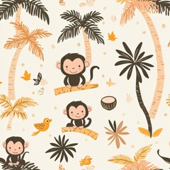 Leinwandbilder - Cute tropical baby pattern featuring playful monkeys, palm trees, and pastel sunset tones for a vibrant and cheerful atmosphere Generative AI