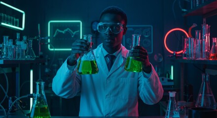 Wall Mural - scientist in laboratory analyzing green liquid in flasks with neon lights