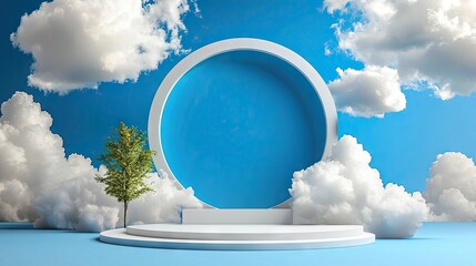 Wall Mural - minimalist blue background with floating fluffy white clouds surrounding a circular shape.