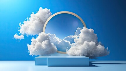 Wall Mural - minimalist blue background with floating fluffy white clouds surrounding a circular shape.