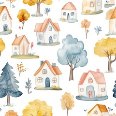 Poster - Colorful watercolor pattern featuring cozy houses, trees, and streets in soft pastel tones for a dreamy child-friendly design Generative AI