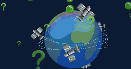Wall Mural - image of green question marks, satellites and globe spinning on blue background