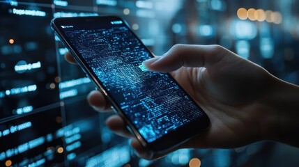 City night, hand using phone, code display, data analysis