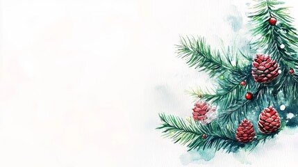 watercolor christmas tree with pinecones and berries on a white background with copy space