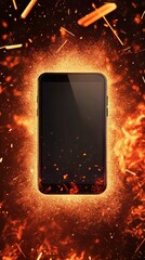 Wall Mural - smartphone surrounded by glowing embers and sparks on a dark background, conveying power and heat.