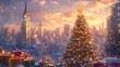 © YauheniB - Árbol de navidad decorado en paisaje urbano nevado